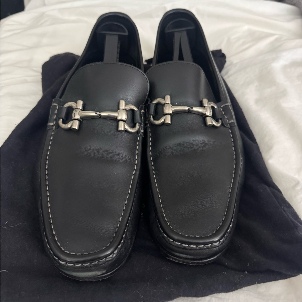 Salvatore Ferragamo Black Leather Loafers with Silver Hardware